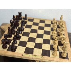 Handmade Solid & Inlaid Wood Folding Storage Chess Checkers Box Hinged